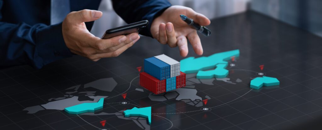 Empresário mostrando conteiners em um mapa digital
